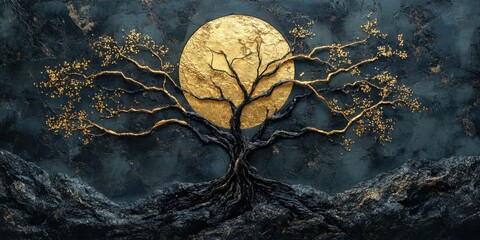 Black tree of life with gold kintsugi branches connecting to celestial moon