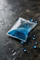 Poster - Blue liquid in a sealed packet rests on a wet surface with scattered droplets in a well-lit indoor environment