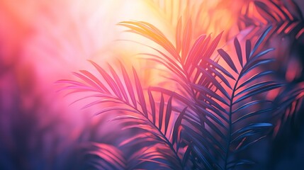 Poster - Sunlight dances through the foliage of tropical plants, casting a harmonious blend of pinks, purples, and greens. The magical ambiance evokes a sense of peace amidst nature's beauty