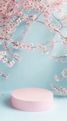 Poster - Soft pink cherry blossoms frame a delightful pastel blue background, emphasizing a smooth circular platform. Perfect for showcasing spring-inspired creations in a tranquil atmosphere