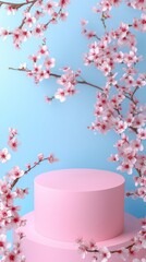 Poster - Soft pink flowers cascade gracefully around an elegant round cake stand, creating a vibrant contrast with the tranquil blue backdrop, suggesting a festive occasion like a spring celebration