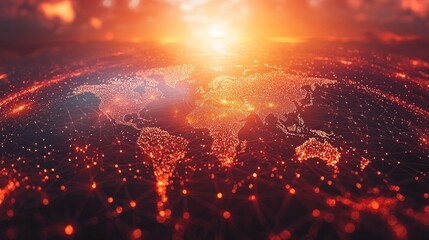 Poster - Global Network: A fiery sunrise illuminates a world map connected by a network of light