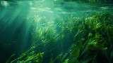 underwater view of algae and seaweed, capturing the serene and dynamic beauty of an aquatic ecosystem. The perspective immerses the viewer into the depths of the ocean