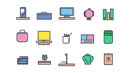 Poster - Set of cute colorful icons representing various office supplies equipment.