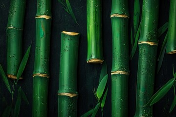 Aufkleber - Vibrant Green Bamboo Stalks Arranged Neatly on a Dark Textured Surface Creating a Natural and Serene Composition with Lush Greenery and Detailed Textures
