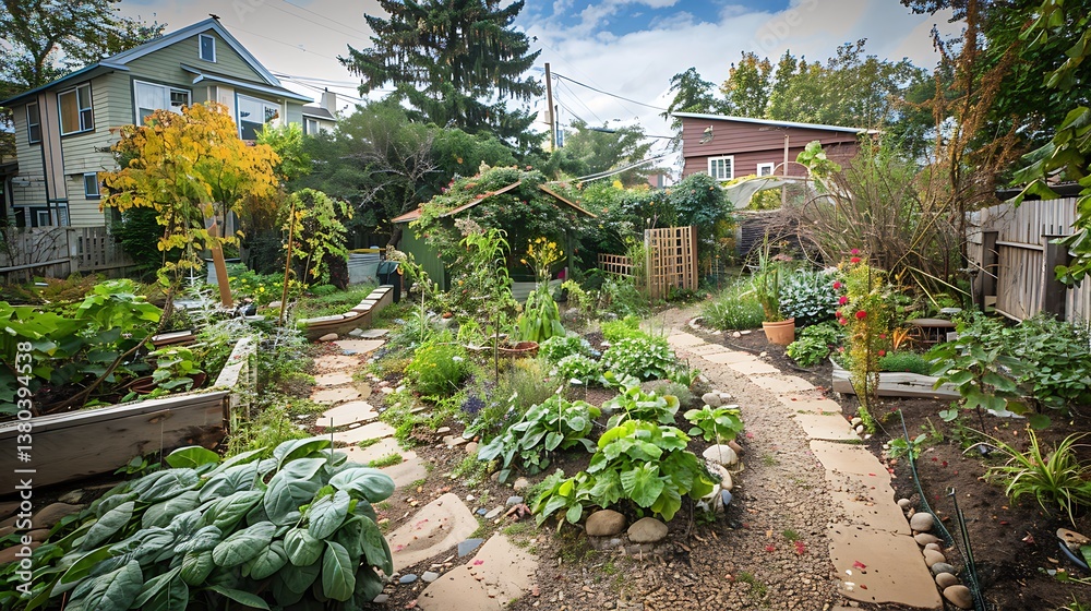 Urban permaculture garden with diverse plantings, rainwater harvesting ...