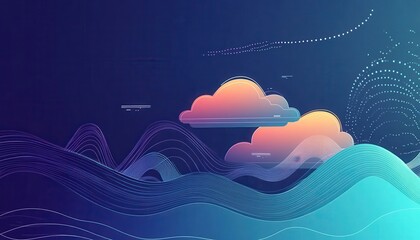 Poster - Abstract Blue Landscape with Clouds and Mountain Illustration Vector Graphic Design in Dark Blue Background