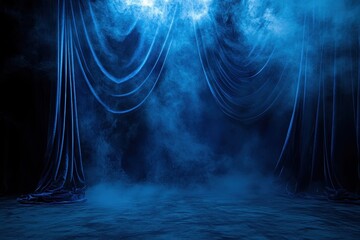 Aufkleber - Abstract Blue Stage with Light and Shadow for Presentation or Performance with Elegant Curtain Backdrop and Textured Floor