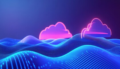 Poster - Abstract Blue Wavy Lines and Pink Cloud Shapes Glowing on Dark Blue Background Representing Digital Network Technology and Cloud Computing Concept