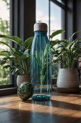 Poster - transparent water bottle with green leaves and plants beside a sunny window