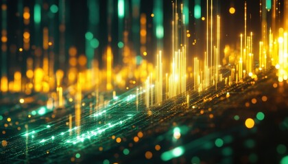 Poster - Abstract Data Stream in Green and Gold Hues with Bokeh Lights Tech Forward Visuals a Dynamic Interplay of Light and Color Representing High Speed Digital Connectivity