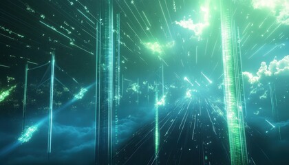 Aufkleber - Abstract Futuristic Technology Background with Glowing Lines and Light Streaks in Shades of Blue and Green Digital Art Wallpaper
