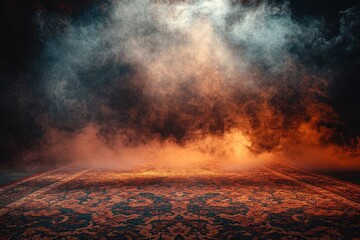 Fototapete - Abstract Glowing Particles Floating Above Textured Surface in Dark Environment with Volumetric Lighting and Warm Orange Hues for Modern Digital Art Designs