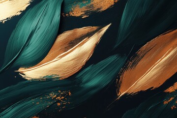 Fototapete - Abstract Golden Glitter Leaves on Dark Teal Background with Metallic Shiny Effect Creates a Luxurious Decorative Pattern for Modern Festive Design