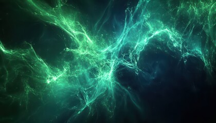 Aufkleber - Abstract Green and Blue Swirling Nebula Background with Particles Shining Through in a Dark Space with an Energy Glow