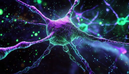 Poster - Abstract Neural Network Visualization with Glowing Purple and Green Neurons on a Dark Background Representing Scientific Data and Medical Research