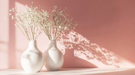 Poster - Two elegant white vases hold delicate flowers, casting soft shadows on a pastel pink wall, while streaming sunlight enhances the tranquil ambiance in a stylish interior setting