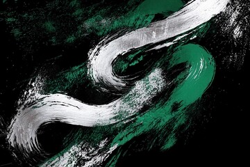 Fototapete - Abstract Swirling Brush Strokes on Black Background with White and Green Paint Modern Design