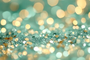 Poster - Abstract Teal and Gold Glitter Background with Bokeh Lights for Festive Celebrations and Glamorous Decoration