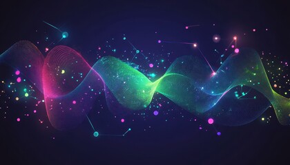 Fototapete - Abstract Wave with Colorful Glowing Particles on Dark Background for Technology Design and Modern Graphic Illustration