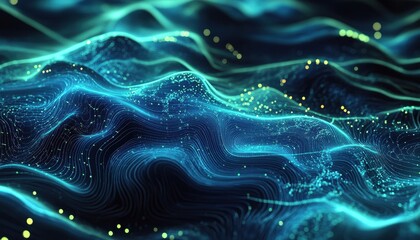 Aufkleber - Abstract Wavy Blue Background with Data Stream and Glowing Particles Dynamic Technological Illustration