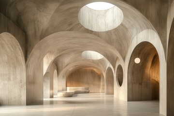 Leinwandbilder - Arched Concrete Interior with Skylights Neutral Color Palette Smooth Textures and Modern Architectural Design with Minimalist Geometric Patterns Creates an Indoor Space