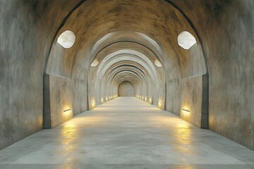 Fototapete - Arched Stone Tunnel Interior Featuring Illuminated Wall Lamps with Geometric Perspective in a Long Underground Pathway with Concrete Surface and Vaulted Ceiling
