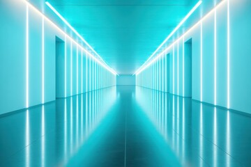 Fototapete - Bright Turquoise Lit Hallway Perspective with Seamless Shiny Surface and Minimalist Linear Architecture