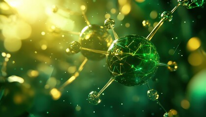 Aufkleber - Complex Molecular Structure with Green and Gold Spheres and Interconnected Lines Depicting Science Research and Futuristic Technology on a Blurred Bokeh Background