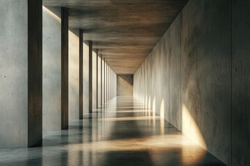 Fototapete - Concrete Hallway with Sunlight Streaming Through Pillars Creating Shadows with Long Perspective and Minimalist Geometric Design