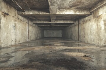 Fototapete - Concrete Tunnel with Water Reflections and Industrial Architecture in Dim Lighting with a Symmetric Perspective and a Long Hall in Gray Tones