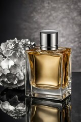 Poster - elegant perfume bottle with floral accent on reflective surface in a soft-lit setting