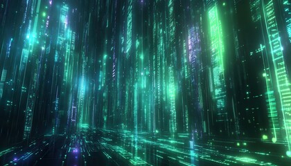 Fototapete - Digital Cascade of Emerald and Teal Light Streams Abstract Background