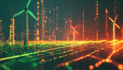 Poster - digital wind turbines generating renewable energy with glowing data networks in a futuristic green a