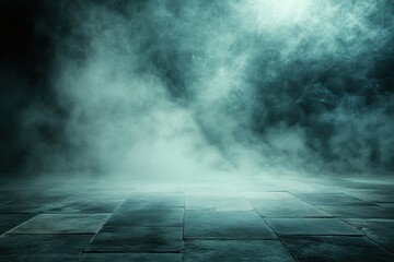 Poster - Dramatic Abstract Blue Smoke and Fog Over a Stone Tile Floor Creating an Eerie Atmospheric Background with Blurry Halation Effect and Dark Dramatic Lighting