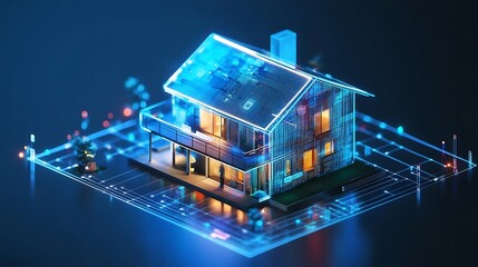 Aufkleber - Futuristic smart home model digitally illustrated on a circuit board for Representing the future of home technology concept.