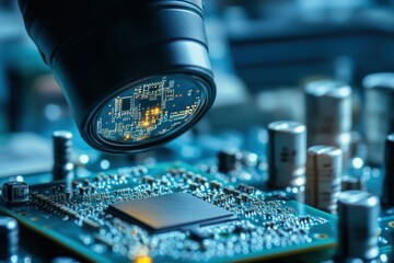 Poster - Close examination of a microchip with advanced magnification in a technology workshop