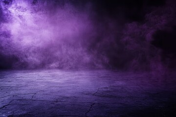 Poster - Dramatic Purple Smoke on Dark Concrete Floor Abstract Background for Product Display or Atmospheric Scene With Copy Space and Studio Lighting