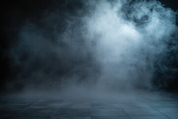 Poster - Dramatic White Smoke Effect on Dark Stage Floor for Abstract Backgrounds and Atmospheric Designs in Studio Lighting
