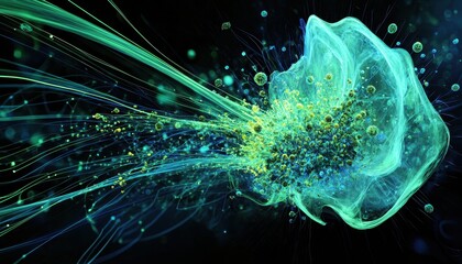 Poster - Dynamic Abstract Green and Blue Light Burst on Dark Background Artistic Representation of Energy and Data Flow Digital Artwork Showing Futuristic Technology Concept