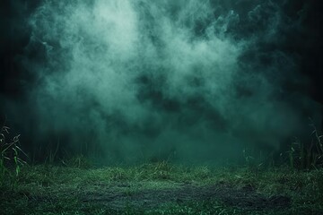 Poster - Eerie Green Mist Over Grassy Field Background With Dark Mysterious Atmosphere For Conceptual Composition And Environmental Theme