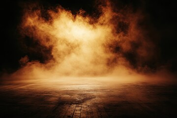 Poster - Eerie Orange Smoke Illuminated by a Spotlight on a Dark Stage Wet Floor Creates Abstract Theatrical Scene with Mystical Light and Atmospheric Cloud in Studio