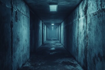Aufkleber - Eerie Underground Tunnel with Dim Fluorescent Lights Long Concrete Corridor in Shades of Blue Creating a Claustrophobic and Gloomy Atmosphere
