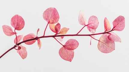 Poster - A graceful branch adorned with translucent pink leaves stretches across a bright, neutral background, highlighting the intricate vein patterns and delicate beauty of nature in a peaceful setting