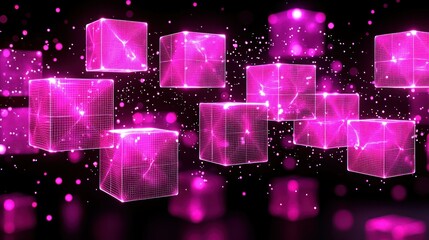 Poster - Abstract Pink Cubes in Dark Space: Digital Art