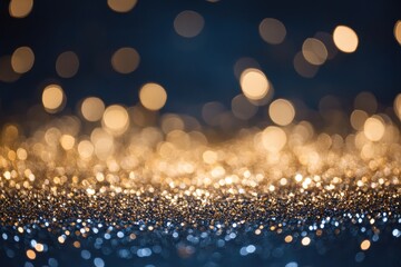 Poster - Golden Bokeh Lights on Dark Blue Background with Glitter Texture for Festive Celebration and Abstract Design with Sparkle Effect and Elegant Night Holiday Theme