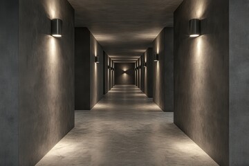 Fototapete - Gray Concrete Hallway with Symmetrical Light Fixtures and Perspective View Interior Design Element for Modern Minimalist Architectural Perspective