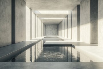 Poster - Hallway Interior with Geometric Concrete Columns and Water Reflecting Daylight Neutral Tone Modern Architecture with Clean Lines