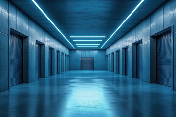 Poster - Illuminated Blue Corridor with Symmetrical Doorways and Concrete Walls Featuring a Modern Industrial Geometric Design with Long Perspective and Clean Polished Reflections