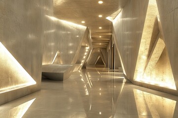 Fototapete - Illuminated Concrete Hallway with Geometric Architecture Interior Design and Modern Aesthetic with Reflective Floor